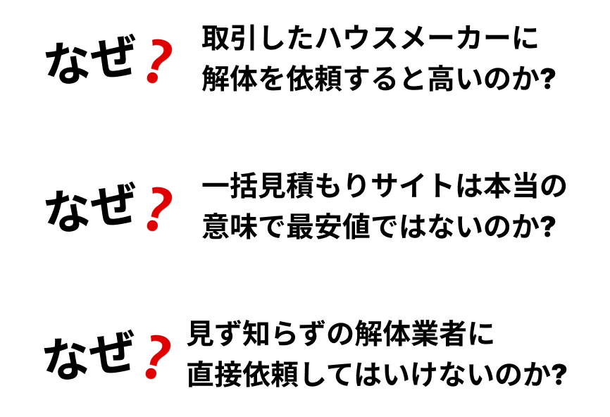 「なぜ？ハウスメーカーに解体を依頼すると高いのか？」「なぜ？一括見積もりサイトは最安値ではないのか？」「なぜ？見知らぬ解体業者に直接依頼してはいけないのか？」